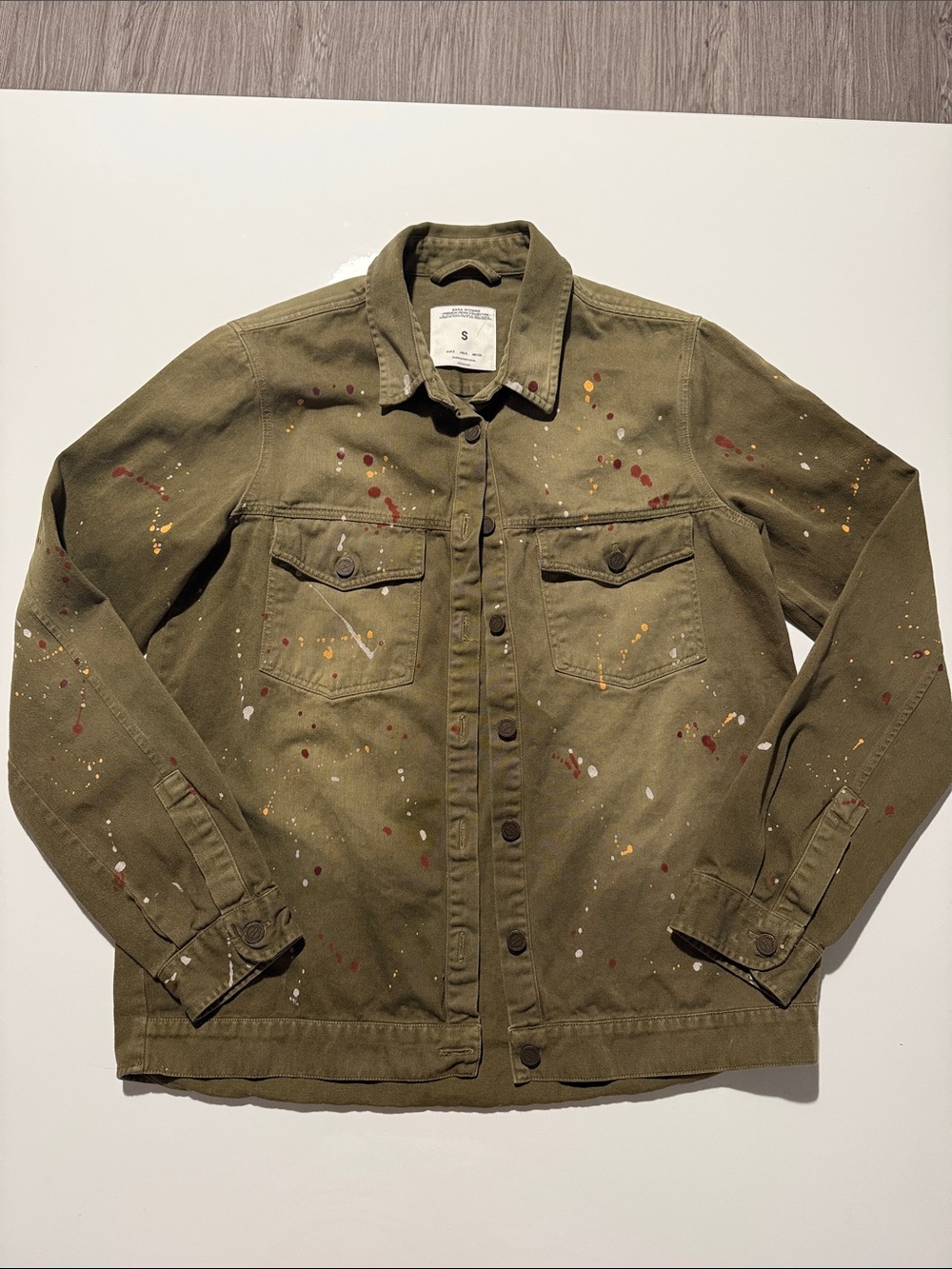 Zara Woman Premium Denim Olive Green Paint Splatter Utility Shirt Jacket Small